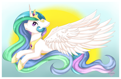 Size: 3300x2148 | Tagged: safe, artist:pillonchou, imported from derpibooru, princess celestia, alicorn, pony, cute, cutelestia, female, high res, mare, profile, solo, speedpaint available, spread wings, sun, wings