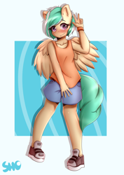 Size: 2893x4092 | Tagged: safe, artist:koizumisho, imported from derpibooru, oc, oc only, oc:mango foalix, anthro, pegasus, abstract background, peace sign, pegasus oc, solo, wings