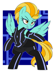 Size: 1761x2312 | Tagged: safe, artist:notenoughapples, imported from derpibooru, lightning dust, pegasus, pony, abstract background, bipedal, clothes, cosplay, costume, crossover, female, mare, solo, tron, tron legacy