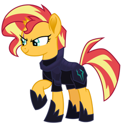 Size: 1024x1045 | Tagged: safe, artist:emeraldblast63, imported from derpibooru, sunset shimmer, tempest shadow, pony, unicorn, my little pony: the movie, armor, broken horn, clothes swap, female, horn, mare, raised hoof, simple background, transparent background