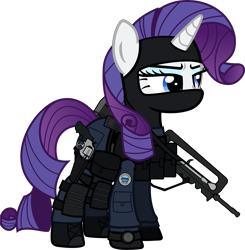 Size: 6000x6113 | Tagged: safe, artist:n0kkun, imported from derpibooru, part of a set, rarity, pony, unicorn, armor, assault rifle, balaclava, belt, boot, clothes, commission, eyeshadow, famas, female, france, french, gign, gloves, gun, handgun, holster, knee pads, makeup, mare, mask, model 686, pants, police, pouch, radio, revolver, rifle, simple background, solo, transparent background, watch, weapon, wristwatch