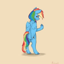 Size: 4000x4000 | Tagged: safe, artist:miokomata, imported from derpibooru, rainbow dash, pegasus, pony, bipedal, butt, colored hooves, dock, female, looking at you, looking back, looking back at you, mare, plot, rainbutt dash, signature, simple background, solo