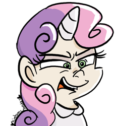 Size: 728x800 | Tagged: safe, artist:mirabuncupcakes15, imported from derpibooru, sweetie belle, human, clothes, disgusted, do not want, eyeshadow, female, horn, horned humanization, humanized, makeup, open mouth, redraw, shirt, simple background, solo, white background