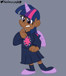 Size: 688x800 | Tagged: safe, artist:mirabuncupcakes15, imported from derpibooru, twilight sparkle, human, alicorn humanization, blue background, clothes, dark skin, female, flats, horn, horned humanization, humanized, redraw, shirt, shoes, simple background, skirt, socks, solo, winged humanization