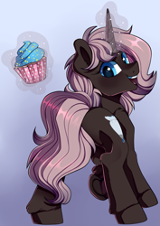 Size: 809x1140 | Tagged: safe, artist:breioom, imported from derpibooru, oc, oc only, oc:sugardawn, pony, unicorn, cupcake, female, food, looking back, magic, mare, solo