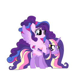 Size: 1000x1000 | Tagged: safe, artist:unoriginai, imported from derpibooru, oc, oc only, pegasus, pony, unicorn, female, magical lesbian spawn, magical threesome spawn, offspring, parent:princess cadance, parent:shining armor, parent:twilight sparkle, parents:twiarmordance, parents:twidance, ponies riding ponies, riding, siblings, simple background, sisters, transparent background