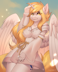 Size: 2000x2500 | Tagged: safe, artist:nightskrill, imported from derpibooru, oc, oc only, oc:star nai, alicorn, anthro, alicorn oc, anthro oc, clothes, commission, ear fluff, female, high res, horn, looking at you, mare, smiling, solo, watermark, wings, ych result