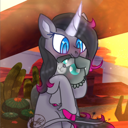 Size: 864x865 | Tagged: safe, artist:bublebee123, imported from derpibooru, oleander, classical unicorn, dog, pony, unicorn, them's fightin' herds, awwleander, blushing, cloven hooves, community related, cute, duo, female, holding a dog, hug, leonine tail, mare, oleander (tfh), puppy, sitting, solo, unshorn fetlocks