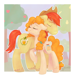 Size: 1100x1100 | Tagged: safe, artist:imaplatypus, imported from derpibooru, bright mac, pear butter, earth pony, pony, the perfect pear, brightbutter, cute, eyes closed, female, hat, male, mare, nuzzling, raised leg, shipping, smiling, stallion, straight, tree