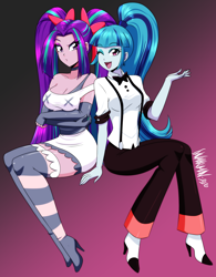 Size: 3026x3870 | Tagged: safe, artist:danmakuman, imported from derpibooru, aria blaze, sonata dusk, equestria girls, arisona, boots, breasts, chaggie, charlie (hazbin hotel), charlie morningstar, choker, cleavage, clothes, cosplay, costume, female, hazbin hotel, high heels, high res, lesbian, mismatched socks, one eye closed, open mouth, shipping, shoes, socks, stockings, striped socks, striped stockings, thigh boots, thigh highs, vaggie