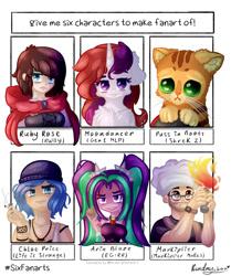 Size: 904x1080 | Tagged: safe, artist:kindny-chan, imported from derpibooru, aria blaze, moondancer (g1), cat, human, pony, unicorn, six fanarts, equestria girls, rainbow rocks, beanie, beard, bust, chef's hat, chest fluff, chloe price, cigarette, crossover, facial hair, female, fire, glasses, hat, life is strange, mare, markiplier, puppy dog eyes, puss in boots, ruby rose, rwby, shrek, shrek 2