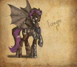 Size: 2631x2279 | Tagged: safe, artist:alicjaspring, imported from derpibooru, oc, oc only, oc:fuego, bat pony, pony, armor, bat pony oc, bat wings, male, solo, traditional art, wings