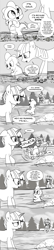 Size: 896x4148 | Tagged: safe, artist:mamatwilightsparkle, imported from derpibooru, moondancer, spike, twilight sparkle, dragon, pony, unicorn, tumblr:mama twilight sparkle, baby, baby spike, comic, crying, forest, monochrome, river, rock, splash, tripping, tumblr, water, younger