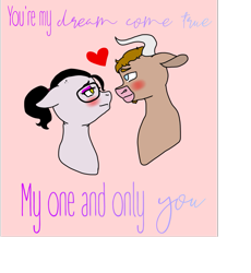 Size: 925x1006 | Tagged: safe, artist:madamesaccharine, imported from derpibooru, oc, oc:puzzling insanity, oc:taurus stonehoof, earth pony, minotaur, pony, blushing, chubby, couple, eyeliner, eyeshadow, female, glasses, goth, heart, lip piercing, makeup, nose piercing, oc x oc, piercing, shipping, sidecut, smiling, song reference