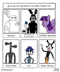 Size: 858x1024 | Tagged: safe, artist:doodlingstudios, imported from derpibooru, twilight sparkle, alicorn, anthro, human, pony, six fanarts, animaniacs, animatronic, anthro with ponies, baymax, big hero 6, crossover, female, five nights at freddy's, gorillaz, hat, mare, scared, shadow bonnie, siren head, twilight sparkle (alicorn), yakko warner