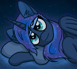 Size: 2000x1800 | Tagged: safe, artist:magic horse, imported from derpibooru, princess luna, alicorn, pony, digital art, female, lidded eyes, looking at you, lying down, mare, meta, night, princess, smiling at you, solo, stars, twitter