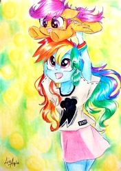 Size: 2322x3304 | Tagged: safe, artist:liaaqila, imported from derpibooru, rainbow dash, scootaloo, pegasus, pony, equestria girls, abstract background, cute, cutealoo, dashabetes, duo, feels in the description, holding a pony, human and pony, liaaqila is trying to murder us, liaaqila is trying to murder us with dashabetes, scootalove, smiling, traditional art