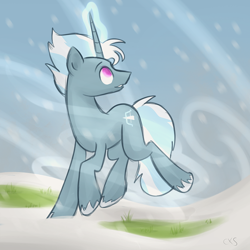 Size: 700x700 | Tagged: safe, artist:xwreathofroses, imported from derpibooru, oc, oc only, oc:ice storm, pony, unicorn, horn, looking up, magic, magic aura, male, running, snow, solo, unicorn oc, wind, winter