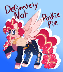 Size: 2901x3296 | Tagged: safe, artist:crazysketch101, imported from derpibooru, oc, oc only, oc:definitely not pinkie pie, pegasus, pony, clothes, ear piercing, earring, freckles, jacket, jewelry, misspelling, necklace, not pinkie pie, pants, piercing, solo