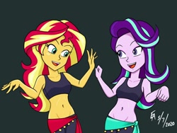 Size: 1024x768 | Tagged: safe, artist:mayorlight, imported from derpibooru, starlight glimmer, sunset shimmer, equestria girls, armpits, belly button, belly dancer, belly dancer outfit, clothes, cute, dancing, digital art, eyelashes, eyeshadow, fanfic, fanfic art, fanfic cover, female, glimmerbetes, hoof hands, leggings, lesbian, long hair, makeup, midriff, open mouth, pose, procreate app, sarong, shimmerbetes, shimmerglimmer, shipping, singing belly dancers, singing belly dancing rainbooms, sports bra