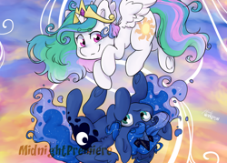 Size: 1400x1000 | Tagged: safe, artist:midnightpremiere, imported from derpibooru, princess celestia, princess luna, alicorn, pony, cute, cutelestia, digital art, duo, female, lunabetes, mare, royal sisters, siblings, sisters, smiling, upside down