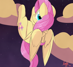 Size: 2598x2362 | Tagged: safe, artist:jubyskylines, imported from derpibooru, fluttershy, pegasus, pony, cloud, cute, female, looking at you, looking back, looking back at you, mare, night, on back, outdoors, shyabetes, smiling, solo, stars, three quarter view, wings