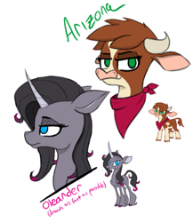 Size: 810x934 | Tagged: safe, artist:pinkberry, imported from derpibooru, arizona cow, oleander, classical unicorn, cow, unicorn, them's fightin' herds, arizona (tfh), bandana, cloven hooves, colored sketch, community related, curved horn, drawpile, duo, female, horn, leonine tail, oleander (tfh), simple background, sketch, unshorn fetlocks, white background