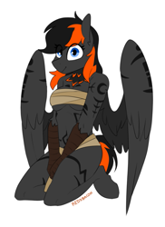 Size: 817x1123 | Tagged: safe, artist:redxbacon, imported from derpibooru, oc, oc only, oc:acrylic breeze (r63), anthro, hippogriff, bodypaint, chest wrap, female, kneeling, loincloth, midriff, rule 63, smiling, solo, talons, tribal, wings