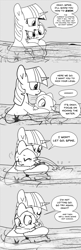 Size: 896x2768 | Tagged: safe, artist:mamatwilightsparkle, imported from derpibooru, spike, twilight sparkle, dragon, pony, unicorn, tumblr:mama twilight sparkle, baby, baby spike, clinging, cold, comic, crying, duo, monochrome, river, scared, shivering, swimming, tumblr, water, younger