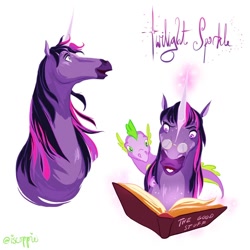 Size: 874x874 | Tagged: safe, artist:iscoppie, imported from derpibooru, spike, twilight sparkle, pony, unicorn, book, glasses, glowing horn, hoers, horn, text, unicorn twilight