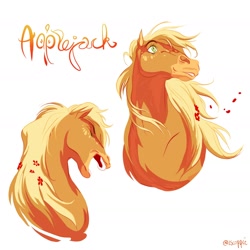 Size: 1630x1630 | Tagged: safe, artist:iscoppie, imported from derpibooru, applejack, earth pony, pony, bust, female, flower, flower in hair, hoers, simple background, solo, text, white background