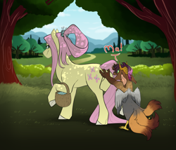 Size: 3500x3000 | Tagged: safe, artist:jeshh, imported from derpibooru, fluttershy, oc, oc:fox glove, draconequus, hybrid, pony, basket, high res, interspecies offspring, offspring, parent:discord, parent:fluttershy, parents:discoshy