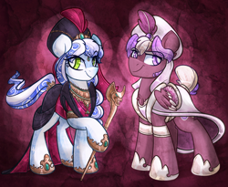 Size: 1010x830 | Tagged: safe, artist:azimooth, imported from derpibooru, oc, oc only, oc:templar, oc:thauma disk, earth pony, pegasus, pony, ask thaumaturge pony, cloak, clothes, female, male, mare, staff, stallion