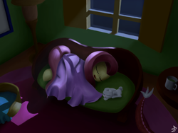 Size: 4000x3000 | Tagged: safe, artist:sheeppony, imported from derpibooru, angel bunny, discord, fluttershy, blanket, couch, duo focus, fluttershy's cottage, night, offscreen character, sleeping