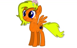 Size: 1440x900 | Tagged: safe, artist:whistle blossom, imported from derpibooru, oc, oc:whistle blossom, base used, digital art, female, filly, flower, flower in hair, foal, freckles, obtrusive watermark, simple background, smiling, solo, standing, teenager, watermark, white background, wrong cutie mark