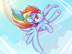 Size: 1600x1200 | Tagged: safe, artist:musicfirewind, artist:wavecipher, imported from derpibooru, rainbow dash, pegasus, pony, cloud, female, flying, mare, rainbow trail, sky, solo, spread wings, triangle, windswept mane, wings