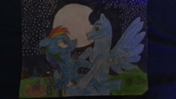 Size: 1280x720 | Tagged: safe, artist:xvigeno, imported from derpibooru, rainbow dash, soarin', female, male, moon, night, shipping, soarindash, stars, straight, traditional art