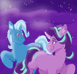 Size: 1280x1220 | Tagged: safe, artist:kittycoot, imported from derpibooru, starlight glimmer, trixie, pony, unicorn, blushing, chest fluff, curved horn, female, horn, lesbian, night, night sky, raised hoof, shipping, sky, smiling, stars, startrix