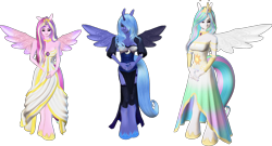 Size: 2819x1522 | Tagged: safe, artist:monstermaster13, imported from derpibooru, princess cadance, princess celestia, princess luna, anthro, human, 3d, humanized, simple background, transparent background