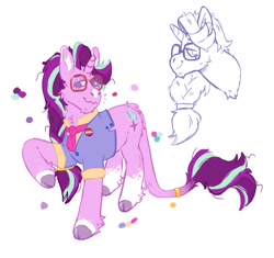 Size: 1701x1602 | Tagged: safe, artist:kittycoot, imported from derpibooru, starlight glimmer, pony, unicorn, alternate design, alternate hairstyle, clothes, cloven hooves, female, glasses, hairband, leonine tail, lesbian pride flag, ponytail, pride, pride flag, shirt, simple background, solo, tail ring, white background