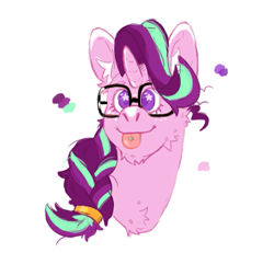 Size: 573x553 | Tagged: safe, artist:kittycoot, imported from derpibooru, starlight glimmer, pony, unicorn, alternate design, alternate hairstyle, bust, female, glasses, hairband, headcanon, lesbian pride flag, lgbt headcanon, piercing, ponytail, pride, pride flag, sexuality headcanon, solo, tongue out, tongue piercing