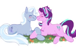 Size: 1280x792 | Tagged: safe, artist:kittycoot, imported from derpibooru, starlight glimmer, trixie, pony, unicorn, blushing, eyes closed, female, flower, grass, holding hooves, lesbian, lying down, nuzzling, shipping, startrix