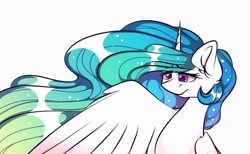 Size: 1080x665 | Tagged: safe, artist:tessa_key_, imported from derpibooru, princess celestia, alicorn, pony, bust, ear fluff, ethereal mane, eyelashes, female, horn, mare, simple background, solo, starry mane, white background, wings