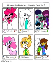 Size: 1080x1290 | Tagged: safe, artist:xaly_catx, imported from derpibooru, pinkie pie, dog, earth pony, goat, human, pony, six fanarts, :d, animal crossing, anthro with ponies, asriel dreemurr, chest fluff, clothes, crossover, deltarune, female, frisk, isabelle, male, mare, shih tzu, smiling, spinel (steven universe), steven universe, undertale