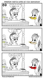 Size: 1320x2309 | Tagged: safe, artist:pony-berserker, imported from derpibooru, applejack, rainbow dash, earth pony, pegasus, pony, bits, cider, cider stand, comic, dialogue, duo, faucet, female, food, grayscale, halftone, hat, ketchup, mare, mayonnaise, monochrome, mouth hold, mustard, neo noir, partial color, pony-berserker's twitter sketches, rainbow mustard, sauce, simple background, speech bubble, stippling, that pony sure does love mustard, white background