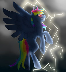 Size: 1818x1975 | Tagged: safe, artist:mikeyboo, imported from derpibooru, rainbow dash, demon, demon pony, original species, pegasus, pony, secrets and pies, dark, evil pie hater dash, evil rainbow dash, female, lightning, scene interpretation, solo