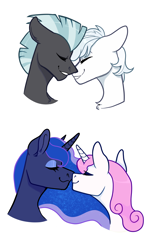 Size: 900x1442 | Tagged: safe, artist:malphym, imported from derpibooru, double diamond, princess luna, thunderlane, twinkleshine, alicorn, earth pony, pegasus, pony, unicorn, boop, bust, doublelane, eyes closed, female, gay, lesbian, lunashine, male, mare, noseboop, nuzzling, portrait, shipping, simple background, stallion, white background