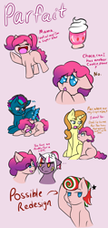 Size: 1270x2658 | Tagged: safe, artist:jolliapplegirl, imported from derpibooru, pumpkin cake, oc, oc:hazy sky, oc:parfait, oc:tranquil spring, earth pony, pegasus, pony, unicorn, colt, dialogue, foal, male, next generation, offspring, parent:cheese sandwich, parent:pinkie pie, parent:quibble pants, parent:rainbow dash, parent:twilight sparkle, parents:cheesepie, parents:quibbledash, pompadour