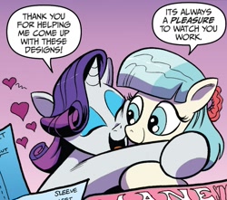 Size: 867x768 | Tagged: safe, artist:andypriceart, idw, imported from derpibooru, coco pommel, rarity, earth pony, pony, unicorn, spoiler:comic64, andy price is trying to murder us, cheek squish, cocobetes, comic panel, cute, duo, female, hug, mare, official comic, raribetes, shipping fuel, squishy cheeks