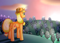 Size: 3500x2500 | Tagged: safe, artist:brilliant-luna, imported from derpibooru, applejack, earth pony, pony, apple, apple tree, applejack's hat, cheek fluff, cloud, cowboy hat, dawn, female, hat, solo, sweet apple acres, tree